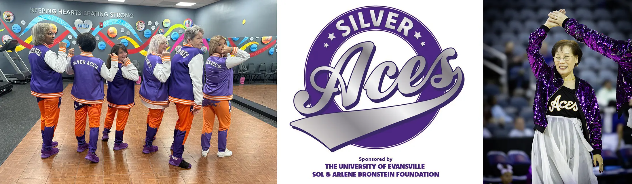 A group of Silver Aces members with jackets, the Silver Aces logo, and a Silver Ace woman dancing