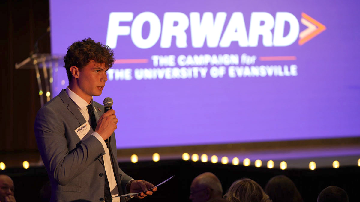 Student speaking at Forward campaign event