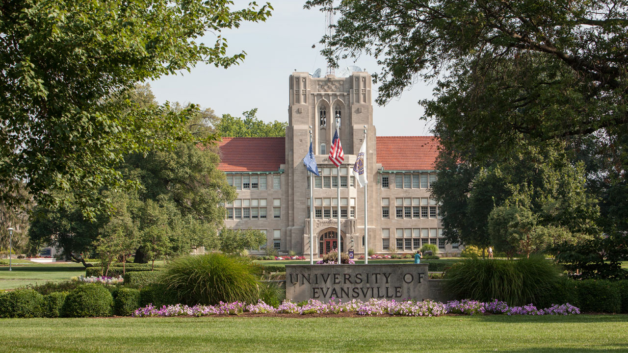 Olmsted Administration Hall with flags