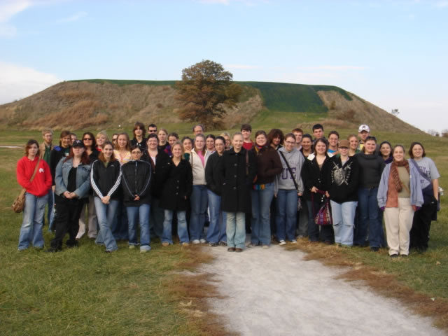 Honors students stop for a picture while visiting Cahokia Mounds in southern Illinois just outside of St. Louis, Missouri.