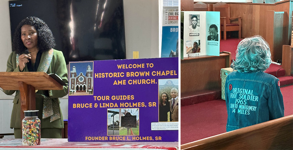 Speaker giving presentation and a woman listening