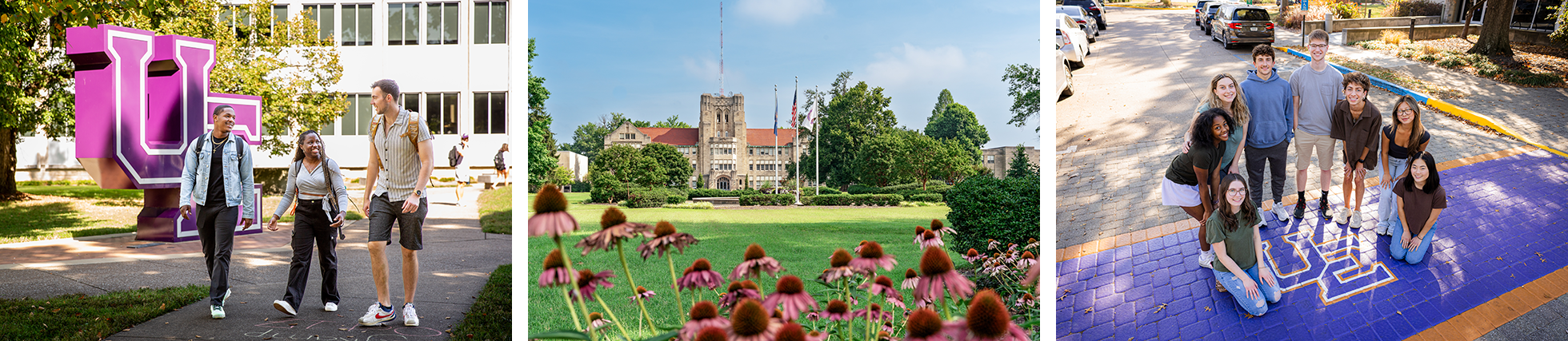 Three photos. One features UE students walking across campus. The second is of flowers in front of Olmsted Administration Hall. The third is of students kneeling down in front of the sidewalk with the UE lettering on it.