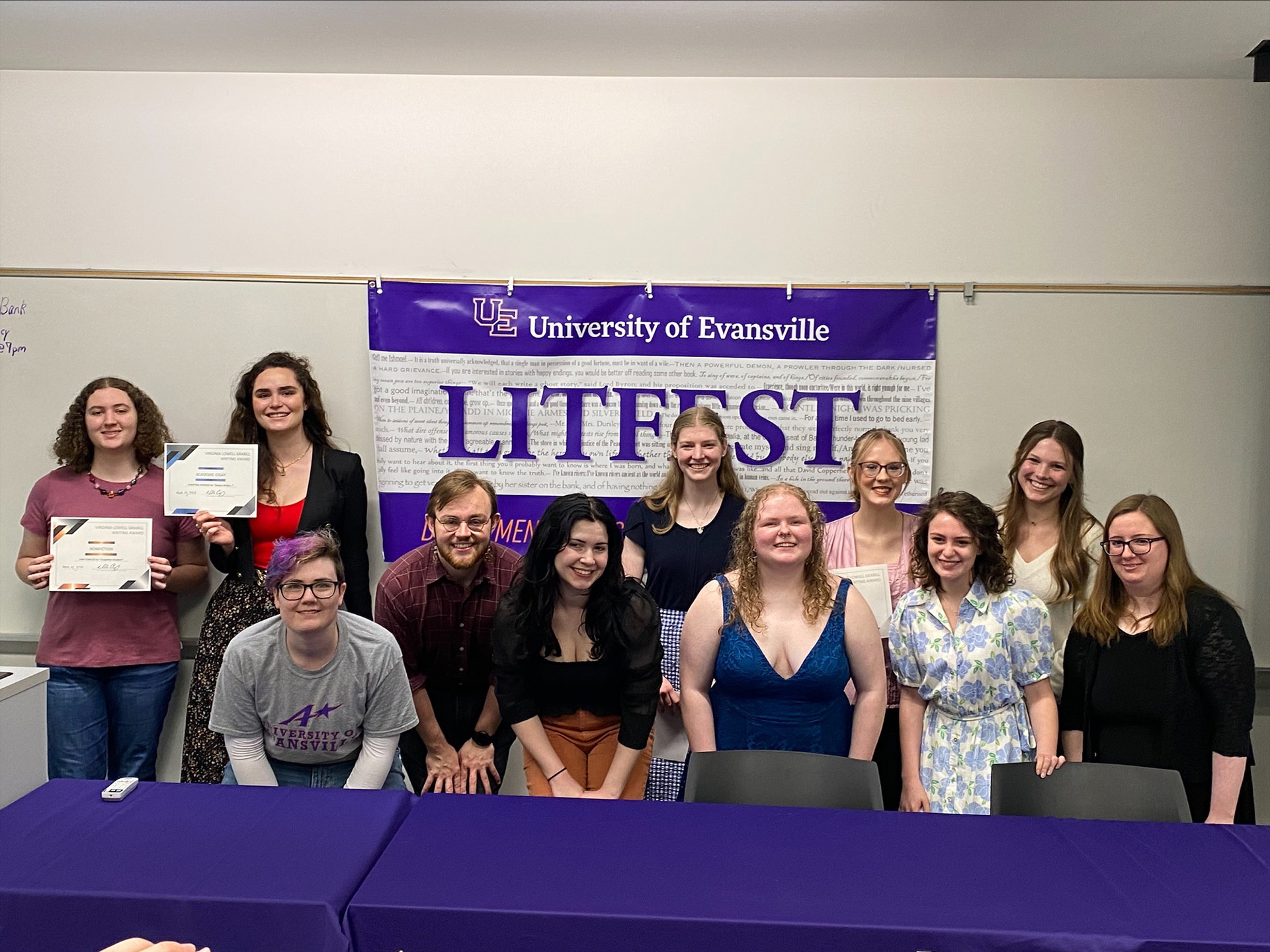 At the end of the awards ceremony, the present prize winners and speakers gathered for a group photo. Left to right: Sam Fowler, Christina Jesenski, Hayden Chrapek, McAllister Stowall, Elizabeth Dye, Caroline Gorman, Olivia Oswald, Elle Hardoin, Madison Conway, Elizabeth McCook, and Samantha Anderson.