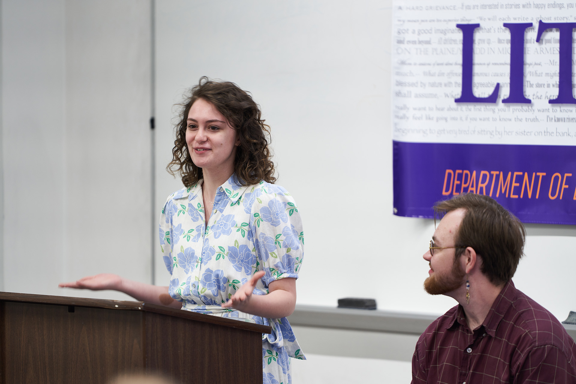 Madison Conway speaks while fellow presenter McAllister Stowall listens during the “Topics in Gender and Sexuality” Panel.