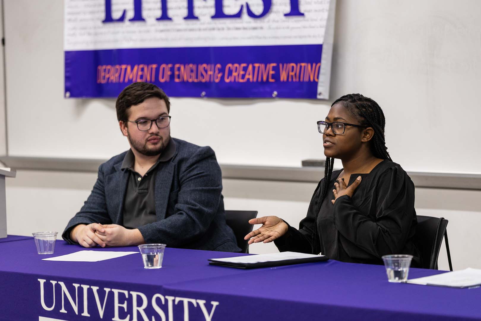 Sam Tarter and Ariana Barker speaking on their work at the Student Literary Conference.
