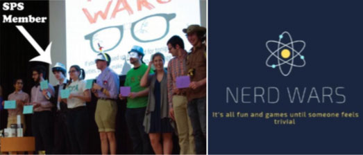 Students on stage and the Nerd Wars logo