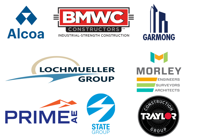 Alcoa, BMWC Constructors, Garmong, Lochmueller Group, Morely, Prime AE, State Group, and Traylor Bros.