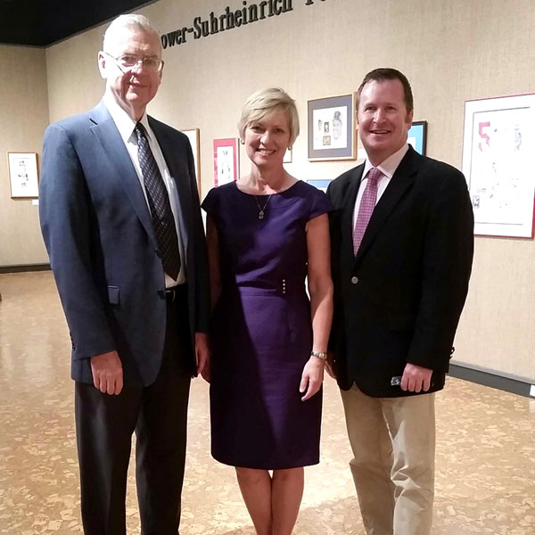 UE first lady Sharon Kazee with Edwin Lacy and Douglas Reed in the Bower-Suhrheinrich Foundation Gallery