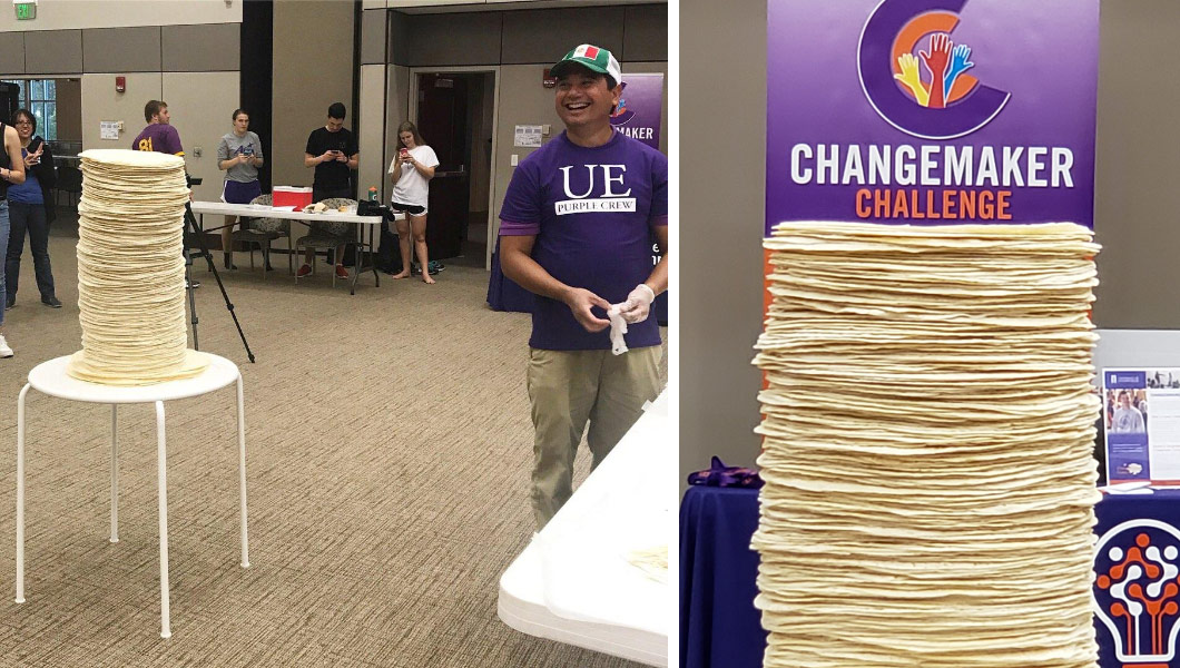 Mark smiling next to the tortillas and a photo of the record breaking stack.