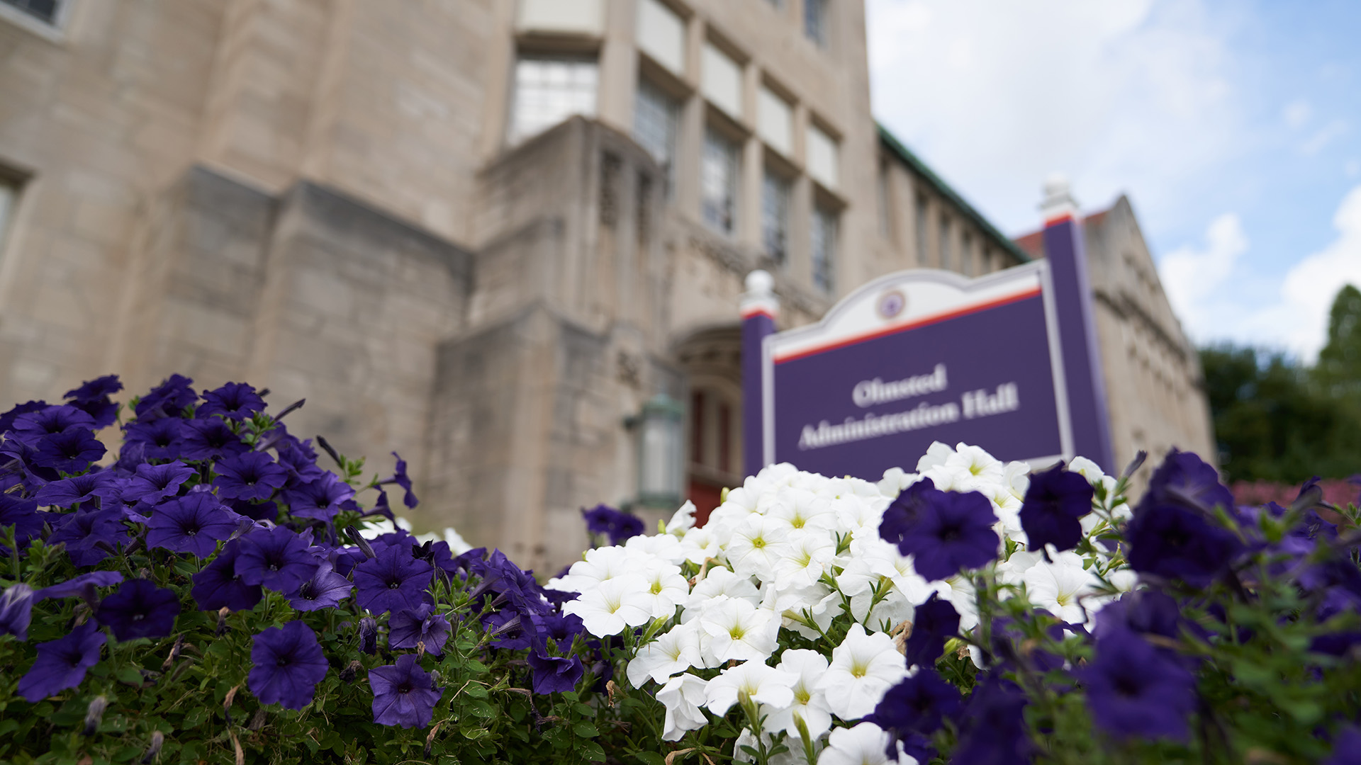 Olmsted sign with flowers in summer