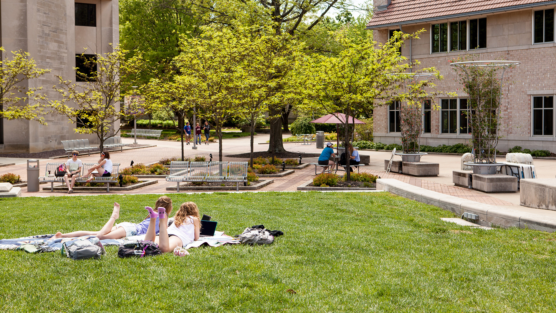 Students lounging in front of Ridgway