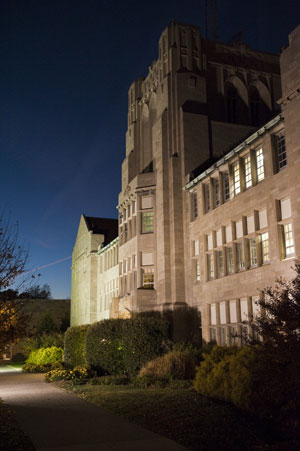 Olmsted Hall at night vertical